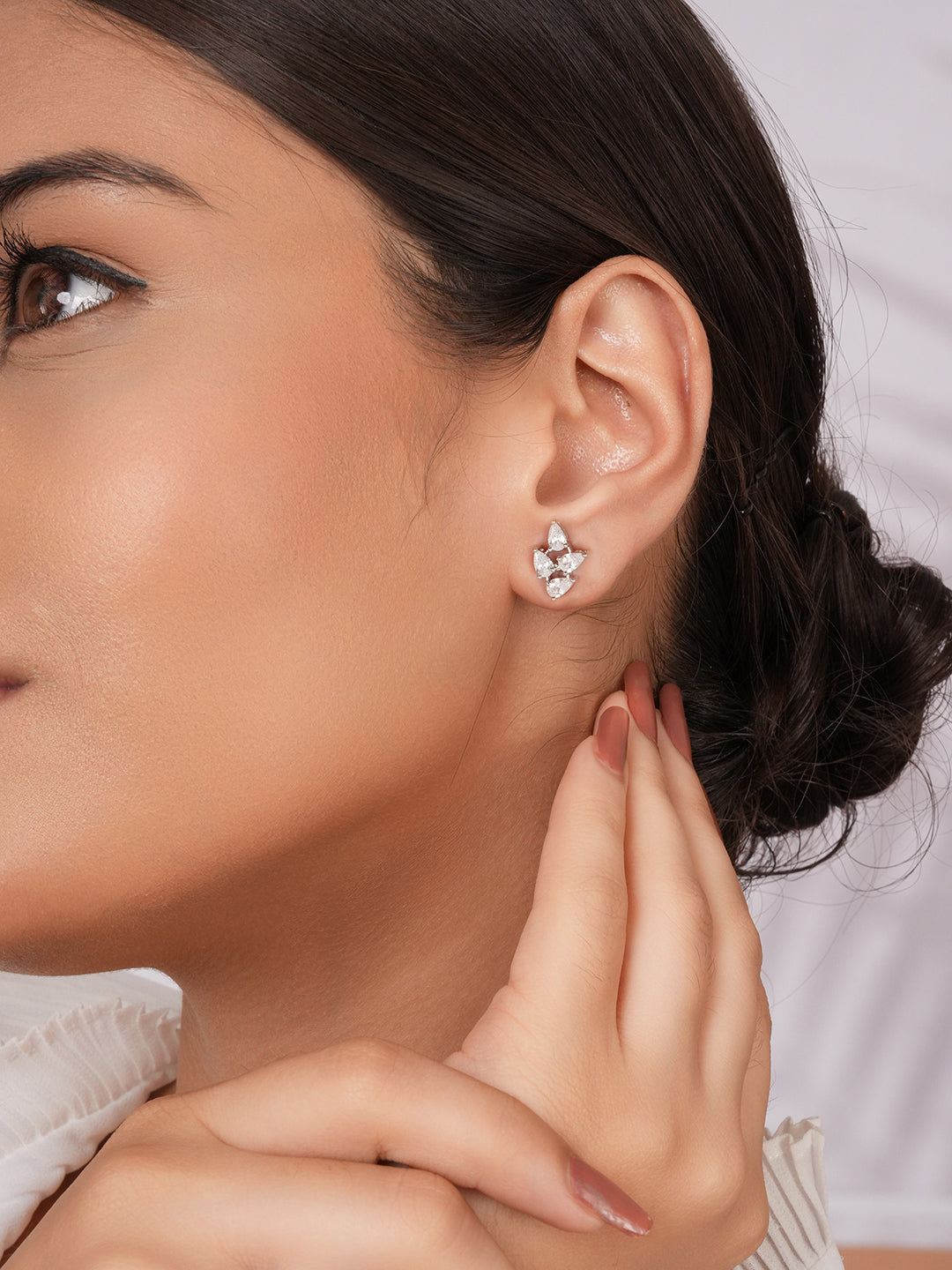 925 Sterling Silver AD Studded Rhodium Plated  Leafy Studds Earrings